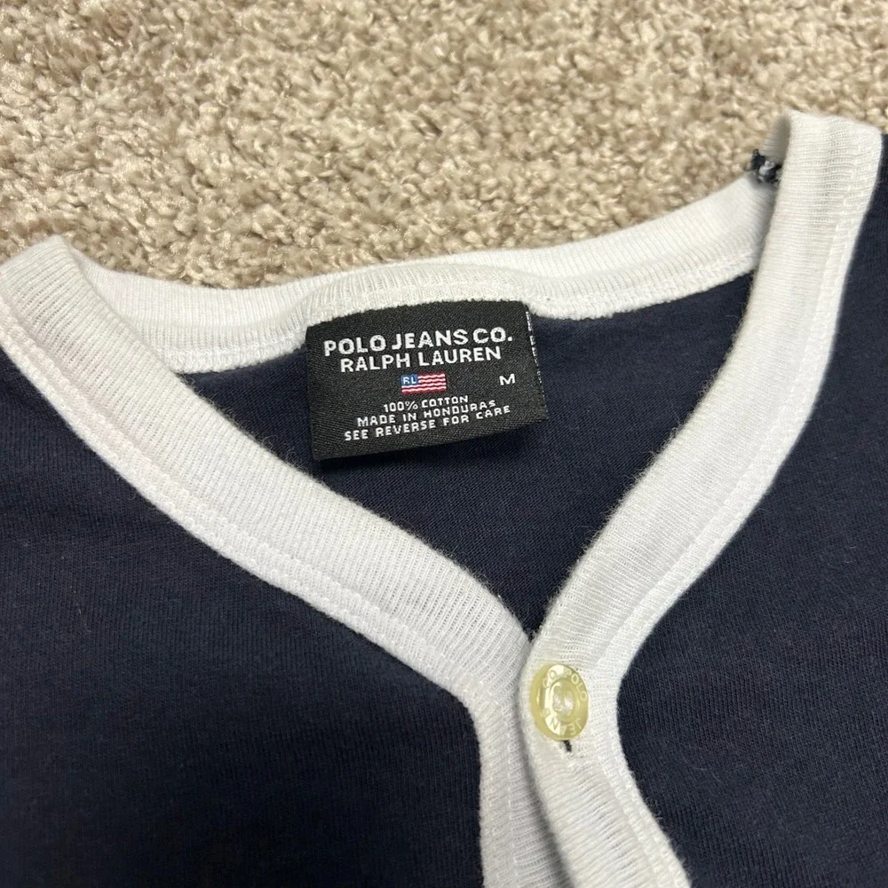 Vintage Polo Jeans Company Ralph Lauren Tshirt Men Size Medium Button Preppy - Picture 7 of 8